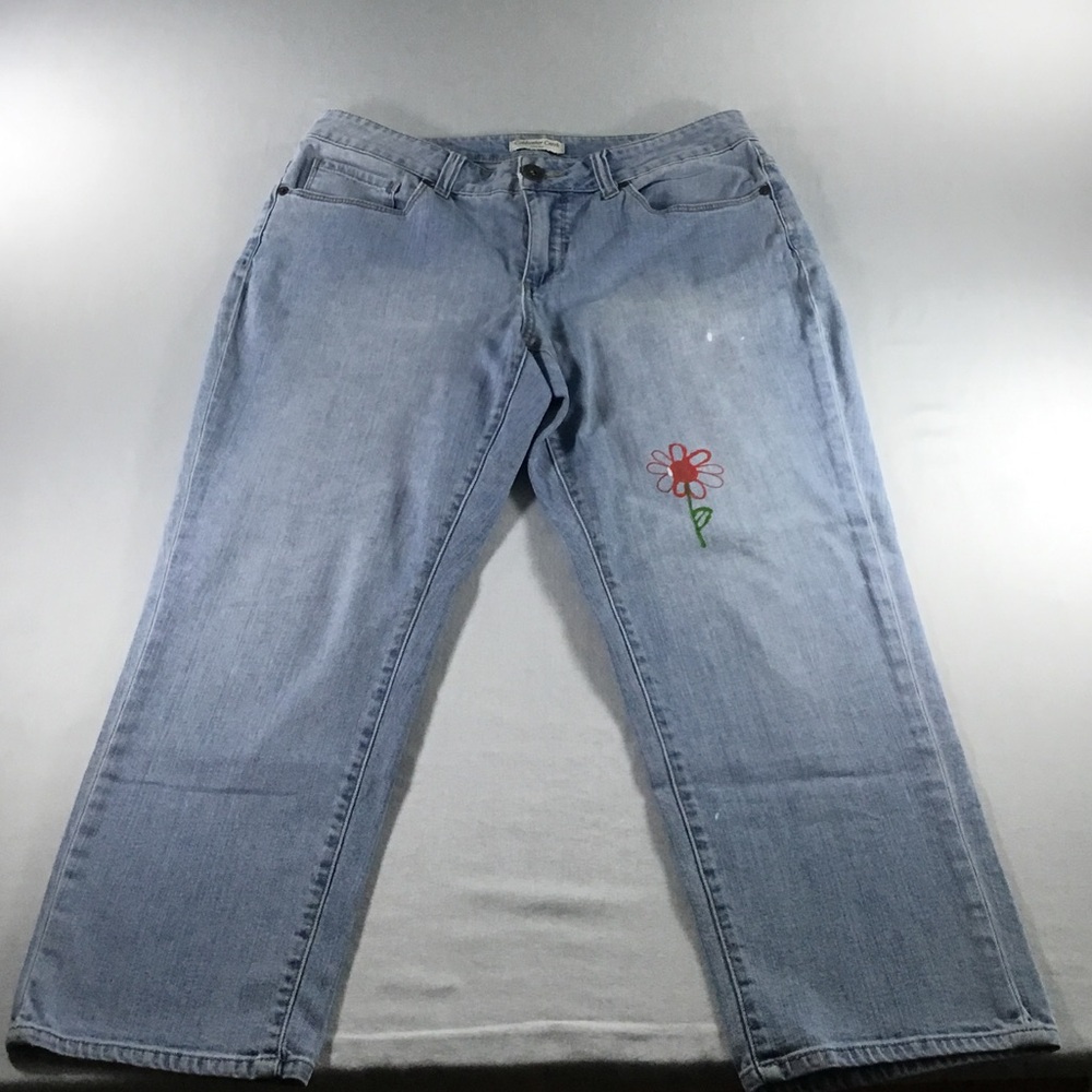 Upcycled Coldwater Creek Light Wash Boho Hippie Straight-Leg Jeans Flower Size12